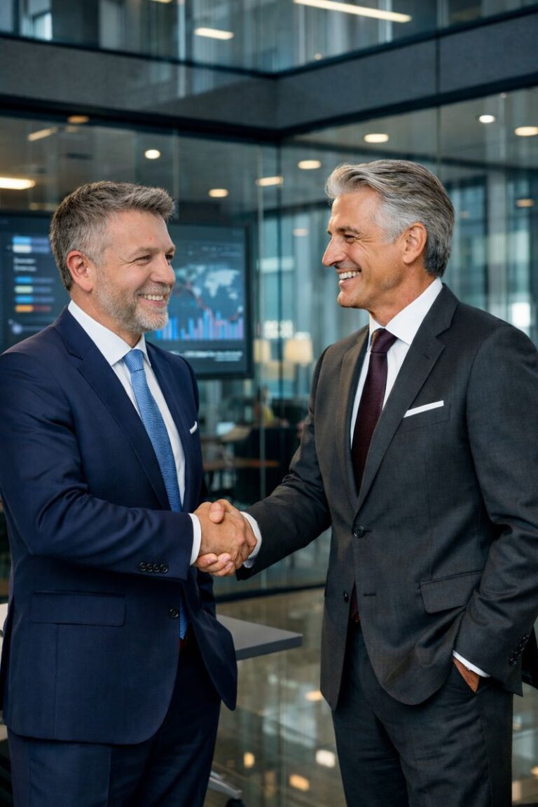 Peter Geisheker, a Fractional CMO, wearing a blue suit shaking hands with a CEO.