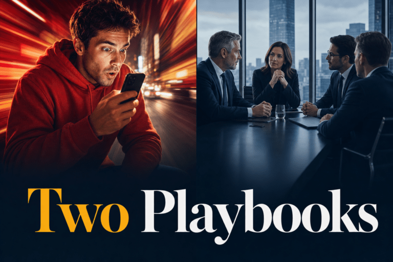 commercial vs personal injury law firm marketing — two different playbooks shown as contrasting halves