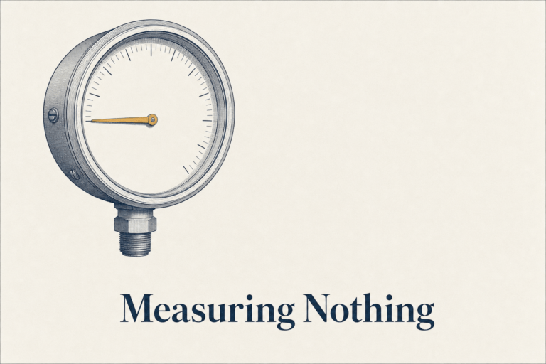 AI visibility tool concept: a precision gauge with its needle at zero pointed at empty space, illustrating measurement without evidence, The Geisheker Group