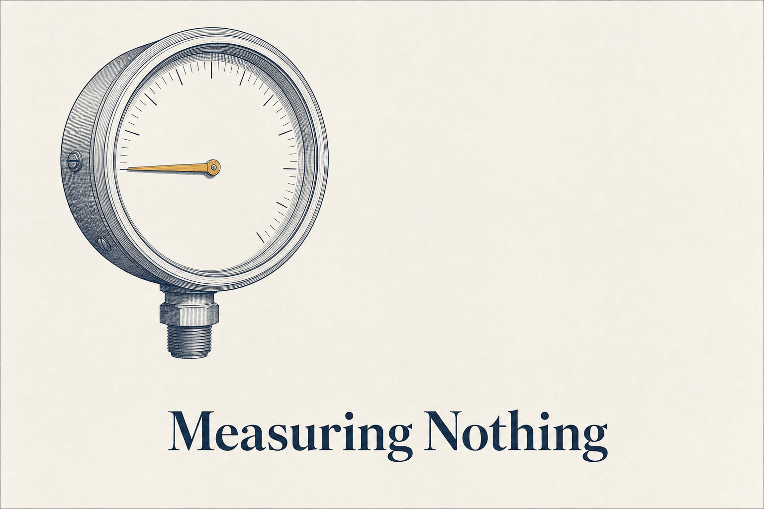 AI visibility tool concept: a precision gauge with its needle at zero pointed at empty space, illustrating measurement without evidence, The Geisheker Group