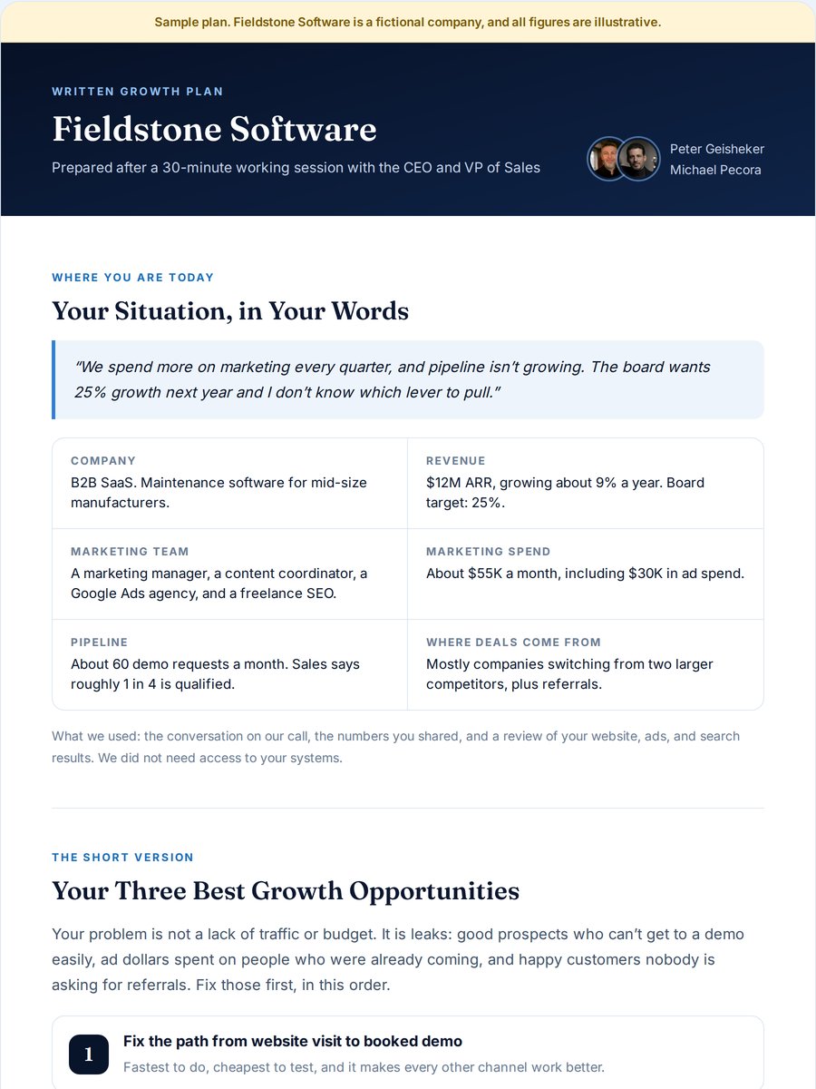 First page of a sample written growth plan from The Geisheker Group